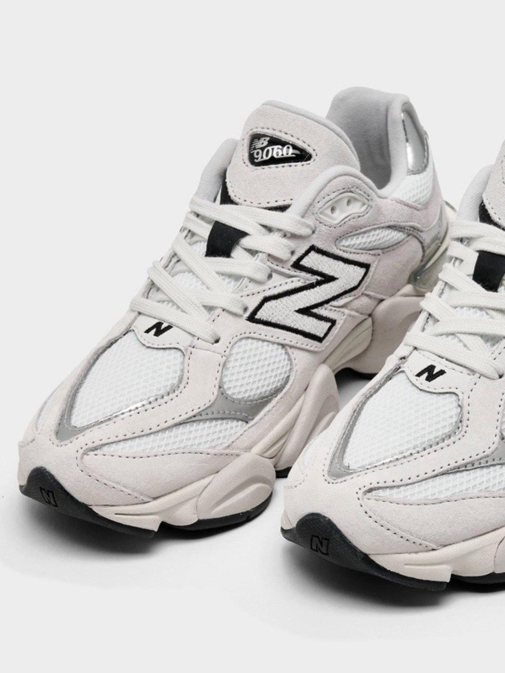New Balance 9060 White, Black, Metallic Silver Mesh & Suede Sneakers, 9